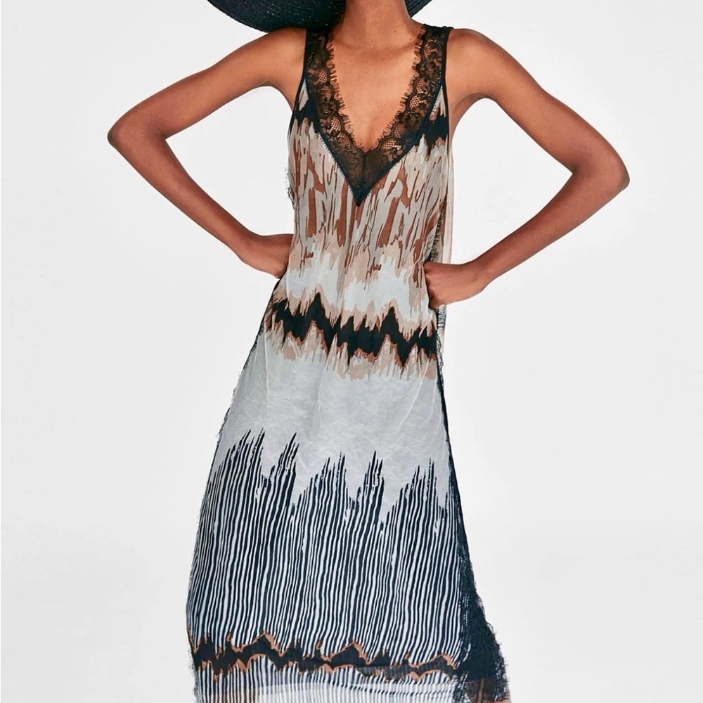 Zara black lace-trimmed tie-dye slip maxi dress.